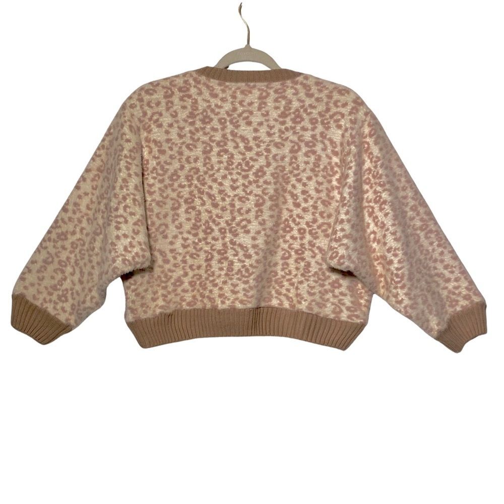 Tractr Beige Leopard Fuzzy Knit Cropped Sweater Balloon Sleeve Women's M - Picture 2 of 12